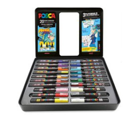 Marcadores de tinta opaca no permanente ROTUL.UNI-POSCA CAJA METALICA MANGA HERO 20 COLORES SURTIDOS