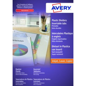 Separadores PP y PVC SEPARADORES AVERY PVC COLORES TRASLUCIDOS SURTIDOS A4 12 pestañas 9 taladros INKJET/LASER PERSONALIZABLES