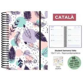 Agendas anuales AGENDA ANUAL (2026-27) SENFORT CATALAN 16 MESES STUDENT DECORADA ESPIRAL tapa PP con GOMA 120x170 S/V PLUMAS