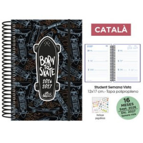 Agendas anuales AGENDA ANUAL (2026-27) SENFORT CATALAN 16 MESES STUDENT DECORADA ESPIRAL tapa PP con GOMA 120x170 S/V SKATEBOARD
