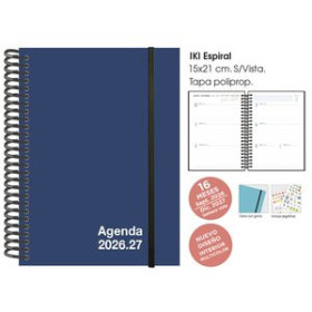 Agendas anuales AGENDA ANUAL (2026-27) SENFORT 16 MESES IKI UNICOLOR ESPIRAL tapa PP con GOMA 155x215 S/V AZUL