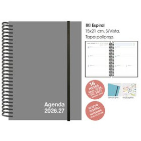 Agendas anuales AGENDA ANUAL (2026-27) SENFORT 16 MESES IKI UNICOLOR ESPIRAL tapa PP con GOMA 155x215 S/V GRIS
