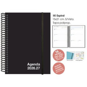 Agendas anuales AGENDA ANUAL (2026-27) SENFORT 16 MESES IKI UNICOLOR ESPIRAL tapa PP con GOMA 155x215 S/V NEGRO