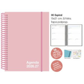 Agendas anuales AGENDA ANUAL (2026-27) SENFORT 16 MESES IKI UNICOLOR ESPIRAL tapa PP con GOMA 155x215 S/V PASTEL ROSA