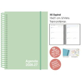 Agendas anuales AGENDA ANUAL (2026-27) SENFORT 16 MESES IKI UNICOLOR ESPIRAL tapa PP con GOMA 155x215 S/V PASTEL VERDE