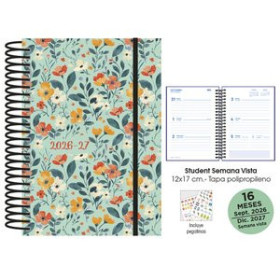 Agendas anuales AGENDA ANUAL (2026-27) SENFORT 16 MESES STUDENT DECORADA ESPIRAL tapa PP con GOMA 120x170 S/V FLOWERS