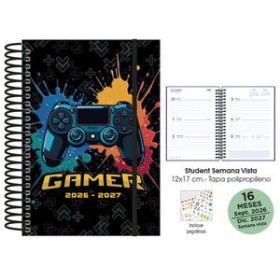 Agendas anuales AGENDA ANUAL (2026-27) SENFORT 16 MESES STUDENT DECORADA ESPIRAL tapa PP con GOMA 120x170 S/V GAMER NEGRO