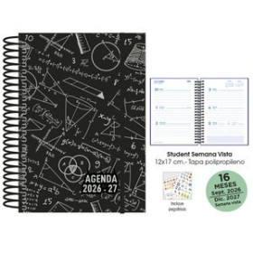 Agendas anuales AGENDA ANUAL (2026-27) SENFORT 16 MESES STUDENT DECORADA ESPIRAL tapa PP con GOMA 120x170 S/V MATHS NEGRO