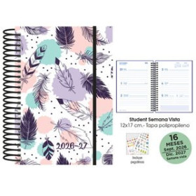 Agendas anuales AGENDA ANUAL (2026-27) SENFORT 16 MESES STUDENT DECORADA ESPIRAL tapa PP con GOMA 120x170 S/V PLUMAS