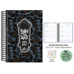 Agendas anuales AGENDA ANUAL (2026-27) SENFORT 16 MESES STUDENT DECORADA ESPIRAL tapa PP con GOMA 120x170 S/V SKATEBOARD