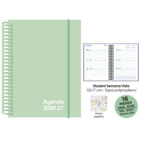 Agendas anuales AGENDA ANUAL (2026-27) SENFORT 16 MESES STUDENT UNICOLOR ESPIRAL tapa PP con GOMA 120x170 S/V PASTEL VERDE