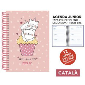 Agendas escolares AGENDA ESCOLAR (2026-27) SENFORT CATALAN JUNIOR DECORADA ESPIRAL tapa PVC 150x210 S/V CATS ROSA