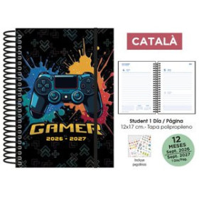 Agendas escolares AGENDA ESCOLAR (2026-27) SENFORT CATALAN STUDENT DECORADA ESPIRAL tapa PP con GOMA 120x170 D/P GAMER NEGRO
