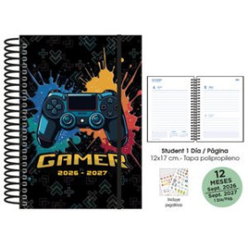 Agendas escolares AGENDA ESCOLAR (2026-27) SENFORT STUDENT DECORADA ESPIRAL tapa PP con GOMA 120x170 D/P GAMER NEGRO
