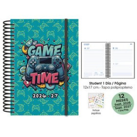 Agendas escolares AGENDA ESCOLAR (2026-27) SENFORT STUDENT DECORADA ESPIRAL tapa PP con GOMA 120x170 D/P GAMER TURQUESA