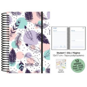 Agendas escolares AGENDA ESCOLAR (2026-27) SENFORT STUDENT DECORADA ESPIRAL tapa PP con GOMA 120x170 D/P PLUMAS