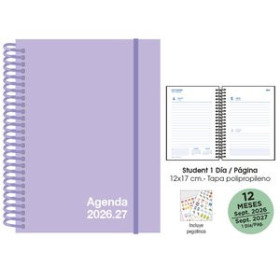 Agendas escolares AGENDA ESCOLAR (2026-27) SENFORT STUDENT UNICOLOR ESPIRAL tapa PP con GOMA 120x170 D/P PASTEL LILA