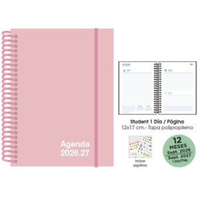 Agendas escolares AGENDA ESCOLAR (2026-27) SENFORT STUDENT UNICOLOR ESPIRAL tapa PP con GOMA 120x170 D/P PASTEL ROSA