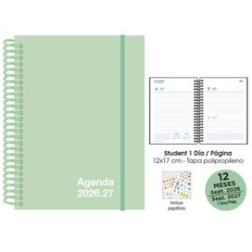 Agendas escolares AGENDA ESCOLAR (2026-27) SENFORT STUDENT UNICOLOR ESPIRAL tapa PP con GOMA 120x170 D/P PASTEL VERDE