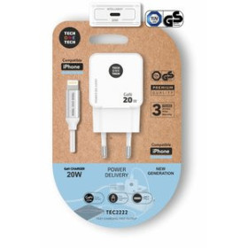 Alimentación CARGADOR TECH-ONE-TECH PARED BLANCO + CABLE USB-C - LIGHTNING ALTO RENDIMIENTO 20W