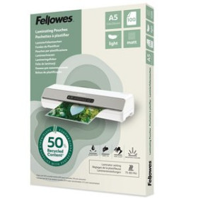 Fundas de plastificación térmica FUNDA PLASTIFICAR FELLOWES MATE 154x216 (A5) 80µ 50% RECICLADO PAQUETE de 100