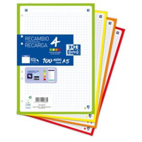 Recambio 4 taladros RECAMBIO OXFORD SCHOOL A5 100h 90gr 6 TALADROS CUADRIC.5x5 AZUL (4 colores vivos en banda)